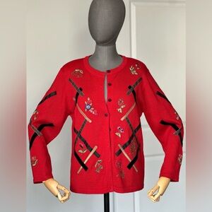 90s Red Embroidered Cardigan